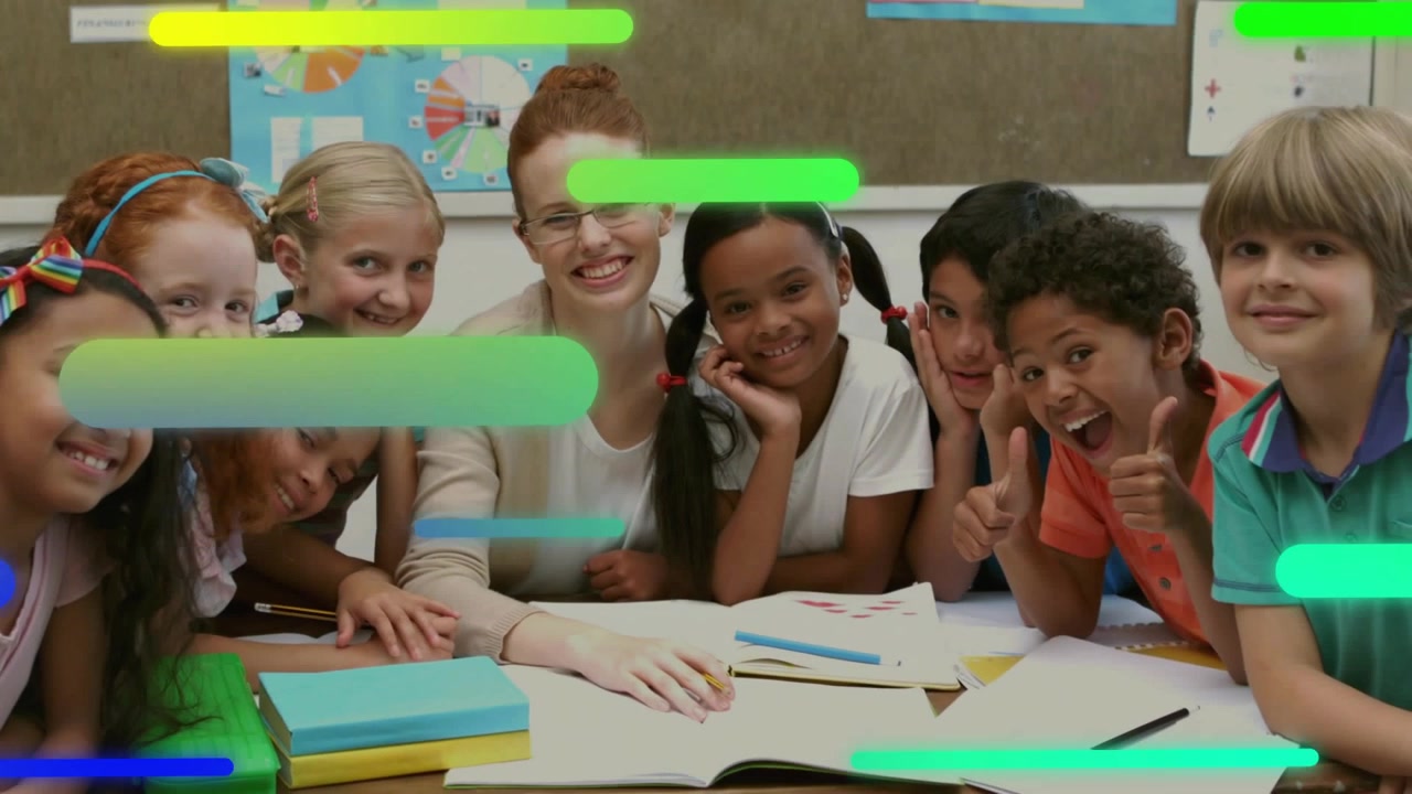 Teacher with students sitting at classroom table, bars entering from edges, highlighting notebooks