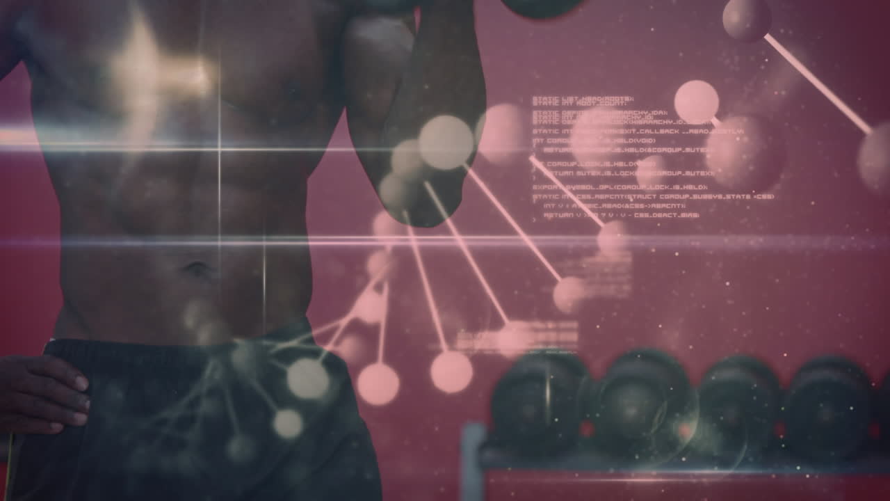 데이터 프로세싱과 강인한 사람의 운동을 하는 dna 가닥의 애니메이션