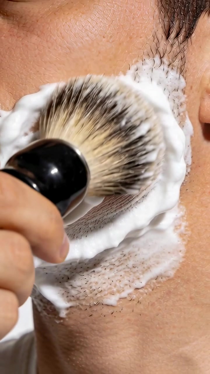 Vertical video: Shaving brush touching cheek, circling foam over stubble on right jaw in bathroom