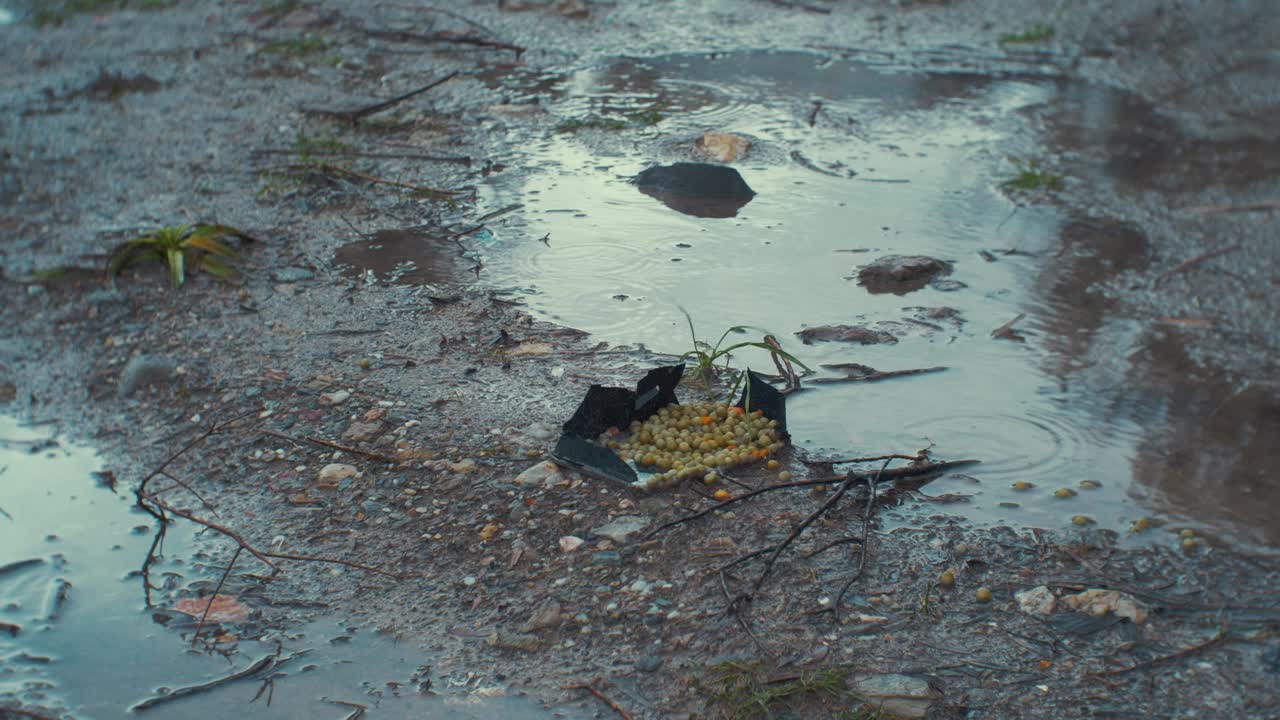 vieja mala comida guisantes y zanahorias en el barro del campamento de refugiados de moria 'jungla' olivar desbordamiento