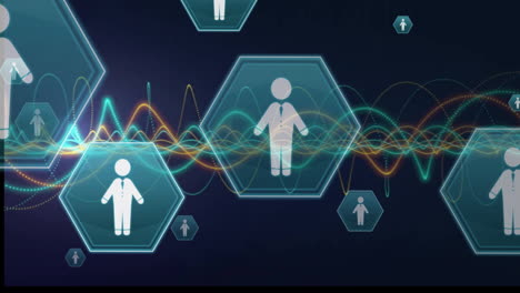 animación de iconos de personas y procesamiento de datos sobre fondo negro