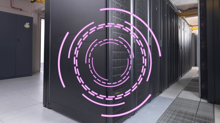 Animation of spinning round scanner against computer server room