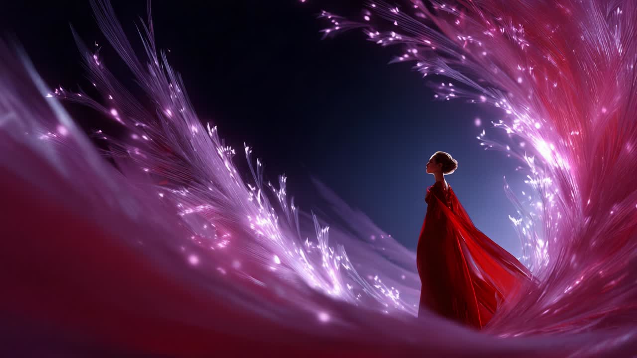 Una figura aggraziata, vestita con un abito rosso fluente, si staglia su uno sfondo ipnotico di motivi di luce vividi, luminosi e vibranti, incarnando bellezza ed eleganza in una scena onirica piena di colori eterei e movimenti incantevoli
