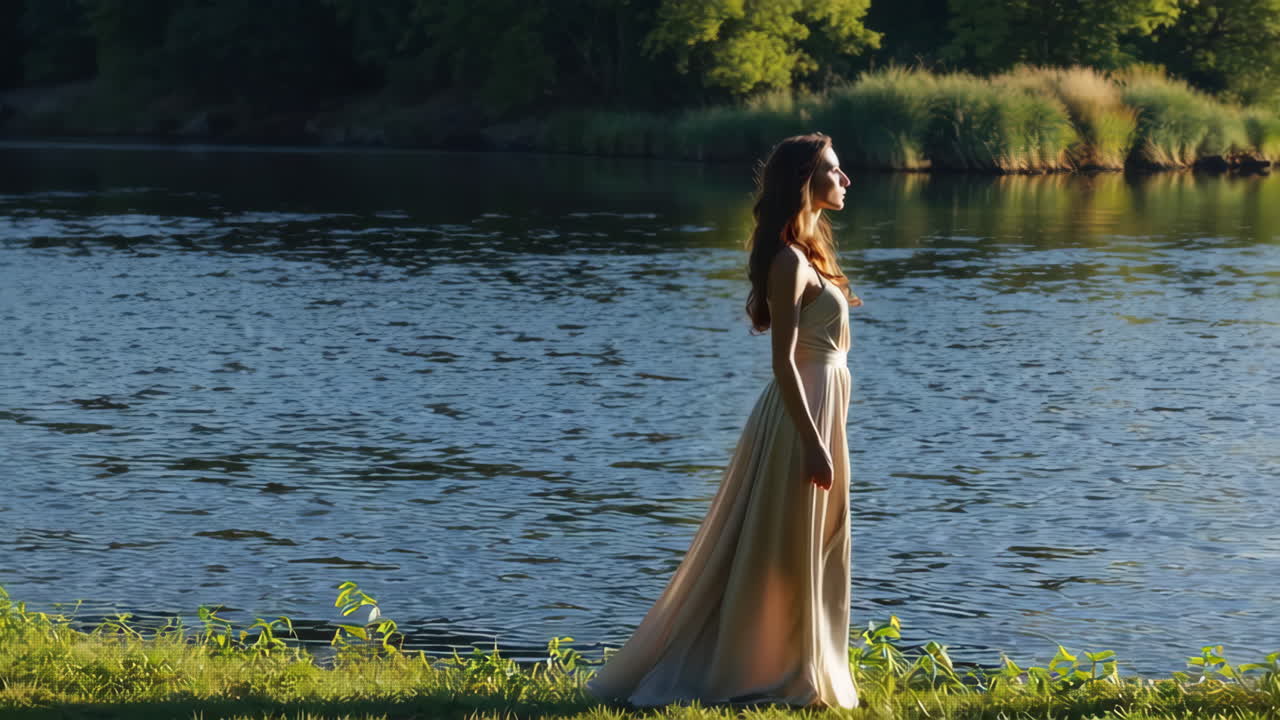 Donna in abito beige che passeggia lungo il fiume