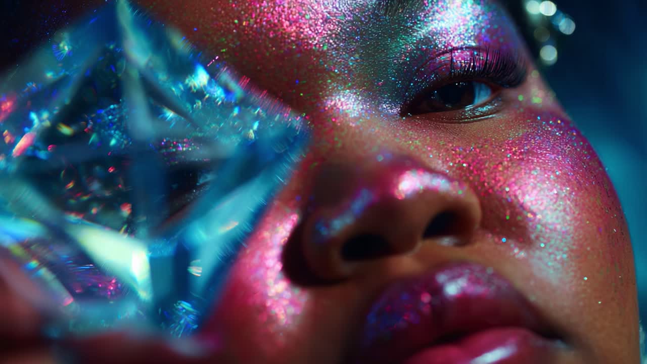 A Stunning Close-Up of a Person Showcasing Dazzling Glitter Makeup and a Sparkling Crystal, Highlighting the Beauty of Shimmering Colors and Textures in a Captivating Visual Experience