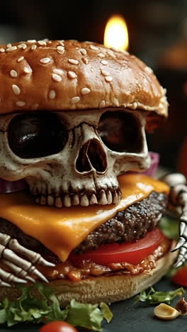 Skeleton burger with spooky decorations. A creatively crafted burger featuring a skull holding a cheeseburger surrounded by Halloween decorations at night.