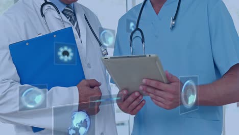 animación del procesamiento de datos sobre médicos varones caucásicos con tableta