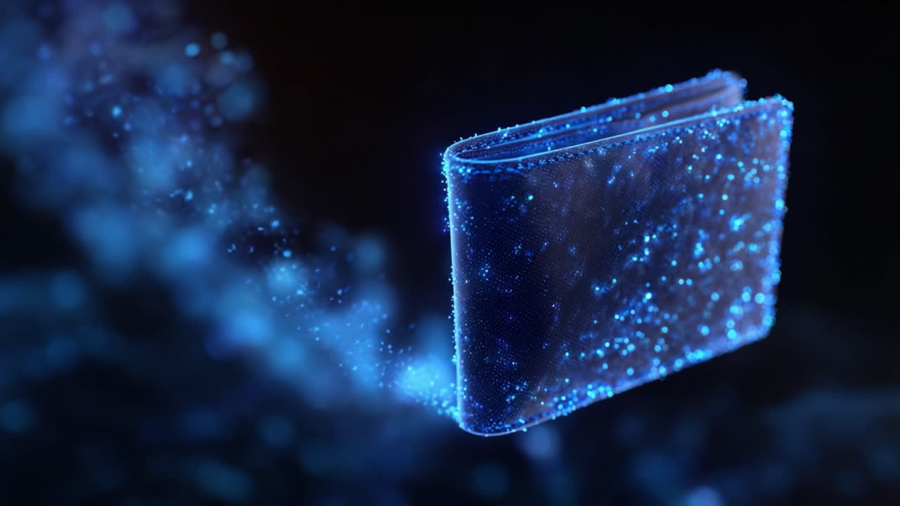A mesmerizing digital wallet appears with a shimmering blue aura, showcasing the fusion of technology and finance, captivating viewers in stunning visuals