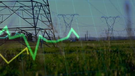 animation of financial data processing over electricity pylons and landscape