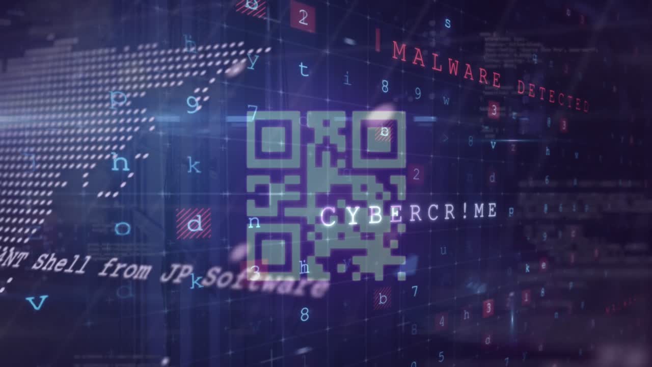 animación de múltiples palabras, letras, números y símbolos sobre el código qr contra los puntos que forman el mapa.