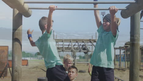 playing on monkey bars, children enjoying animation at outdoor school playground
