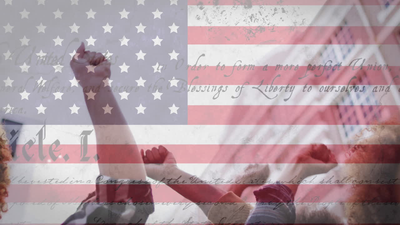 거리에서 시위를 벌이는 사람들 위에 미국 발의 애니메이션