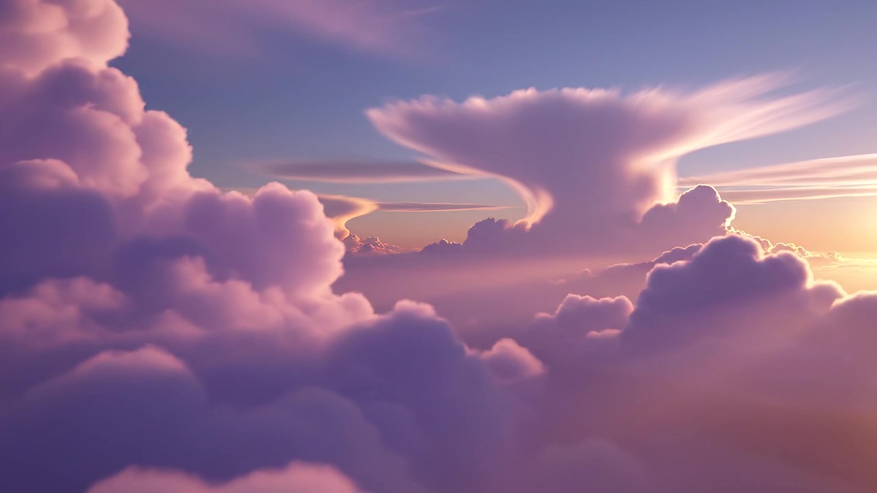 Aerial view of soft purple clouds at sunset with anvil