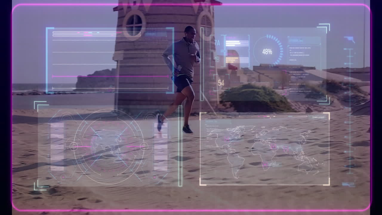 Man running on beach with fitness data and world map animation overlay