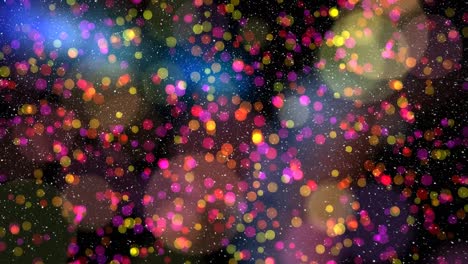 nieve cayendo con círculos de navidad de luz bokeh