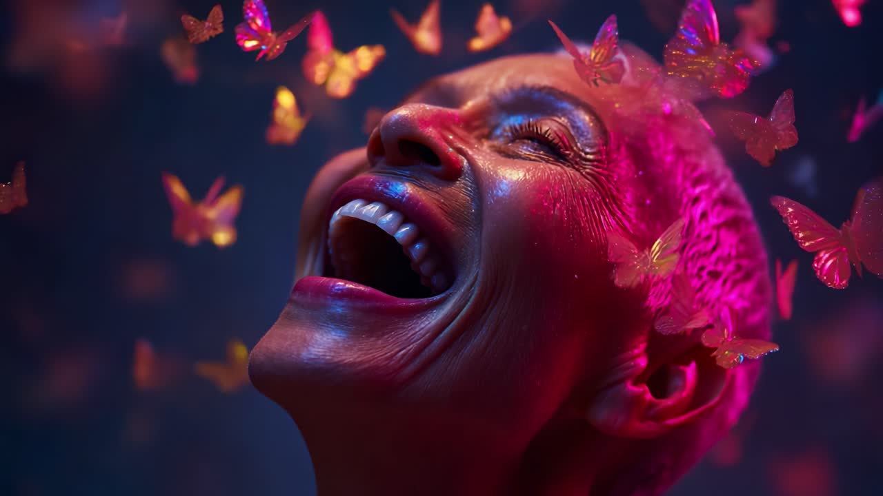 A joyful woman radiates happiness as she laughs, surrounded by vibrant butterflies, capturing the essence of joy, freedom, and transformation in a beautifully lit moment