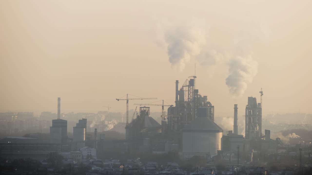 Cement plant with high factory structure and tower cranes at industrial production area. Manufacture and global industry concept