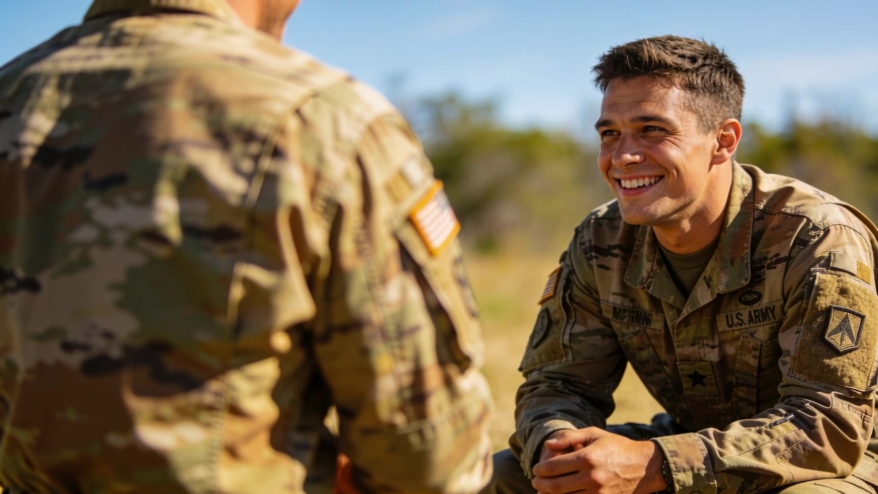 Soldato che si gira facendo sorridere un commilitone inginocchiato, appoggiandosi nell'area di addestramento con l'uniforme da combattimento dell'esercito americano.