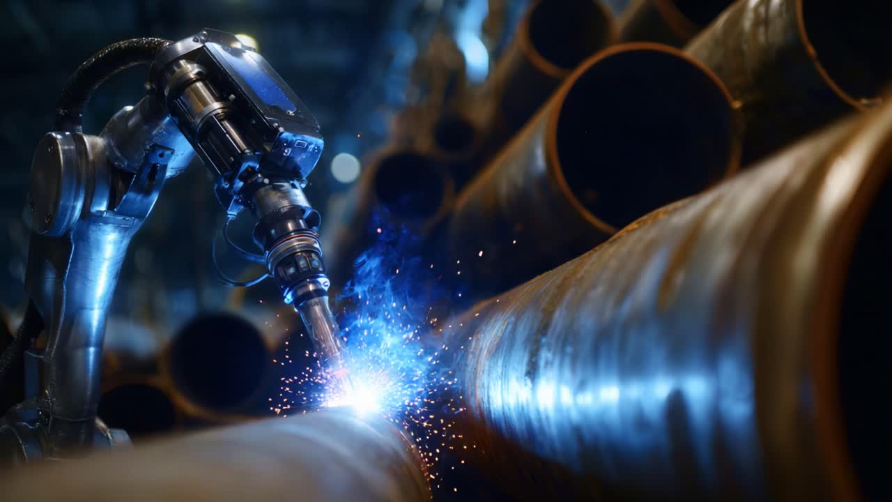 Automated Robotic Welding Process in a Manufacturing Facility with Sparks and Smoke Emanating from Steel Pipes During Precision Metal Fabrication