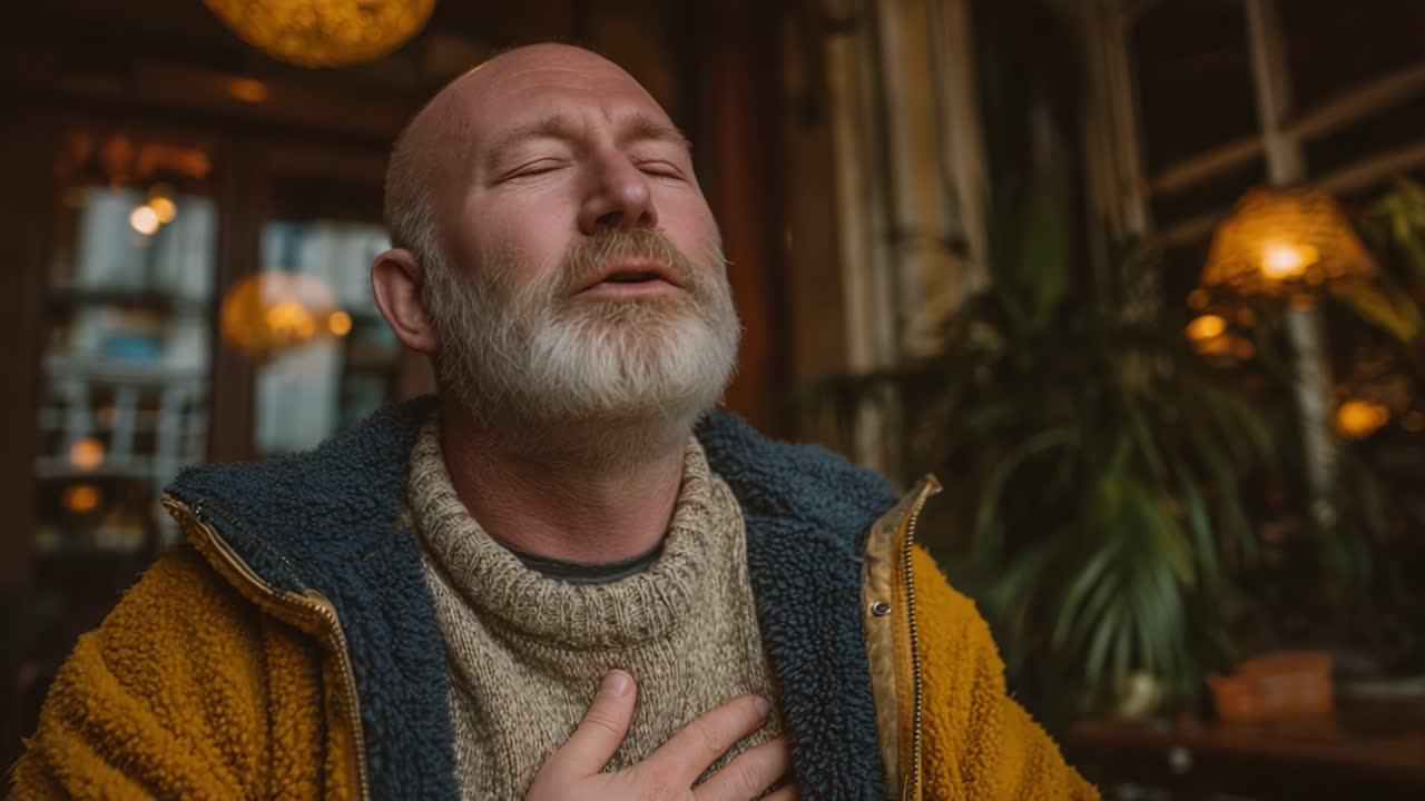 Um Momento Contemplativo: Um Indivíduo com Barba Grisalha Expressa Emoções Profundas em uma Atmosfera Aconchegante, Refletindo Paz Interior e Tranquilidade em Meio à Iluminação Suave