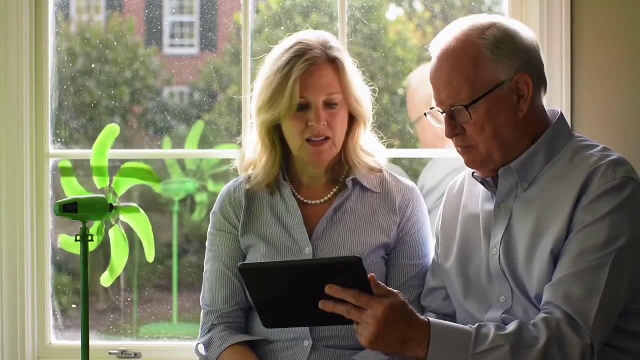 Coppia di anziani che usa un tablet per cercare informazioni sull'energia rinnovabile a casa