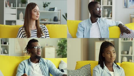 close up portrait of multiethnic happy men and women sitting on couch at home