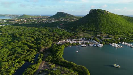 Panorámica-Aérea-Para-Establecer-El-Puerto-De-Piscadera-Con-Barcos,-Catamaranes-Y-Yates-Atracados-En-Curacao.