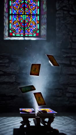 tarot cards flying in dark room with stained glass window