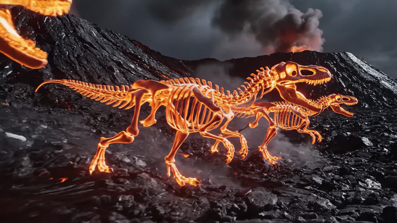 Fiery Dinosaur Skeletons in Volcanic Landscape