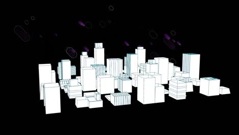 animation of purple trails of lights over 3d cityscape drawing