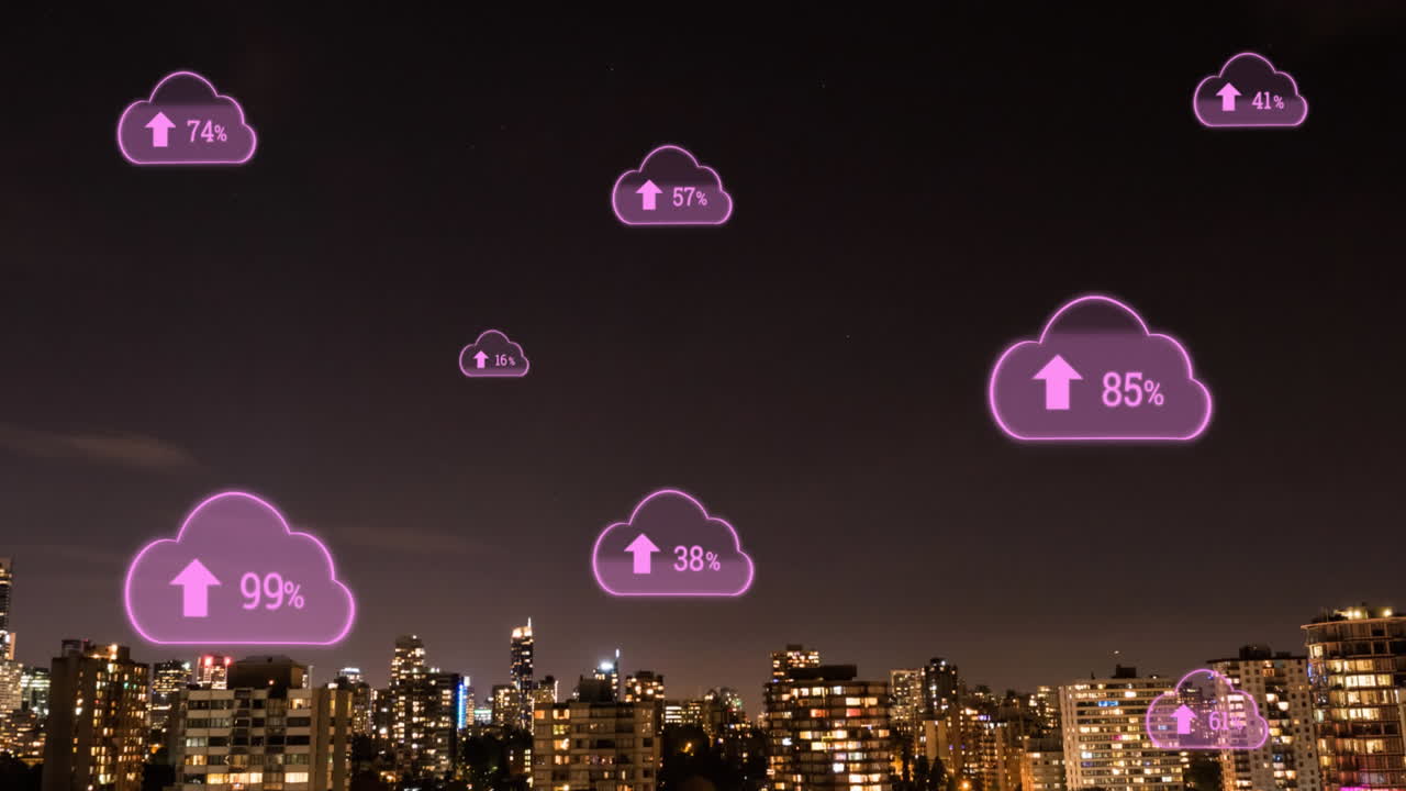 animación de nubes rosadas con flechas y porcentaje de crecimiento sobre el fondo del paisaje urbano