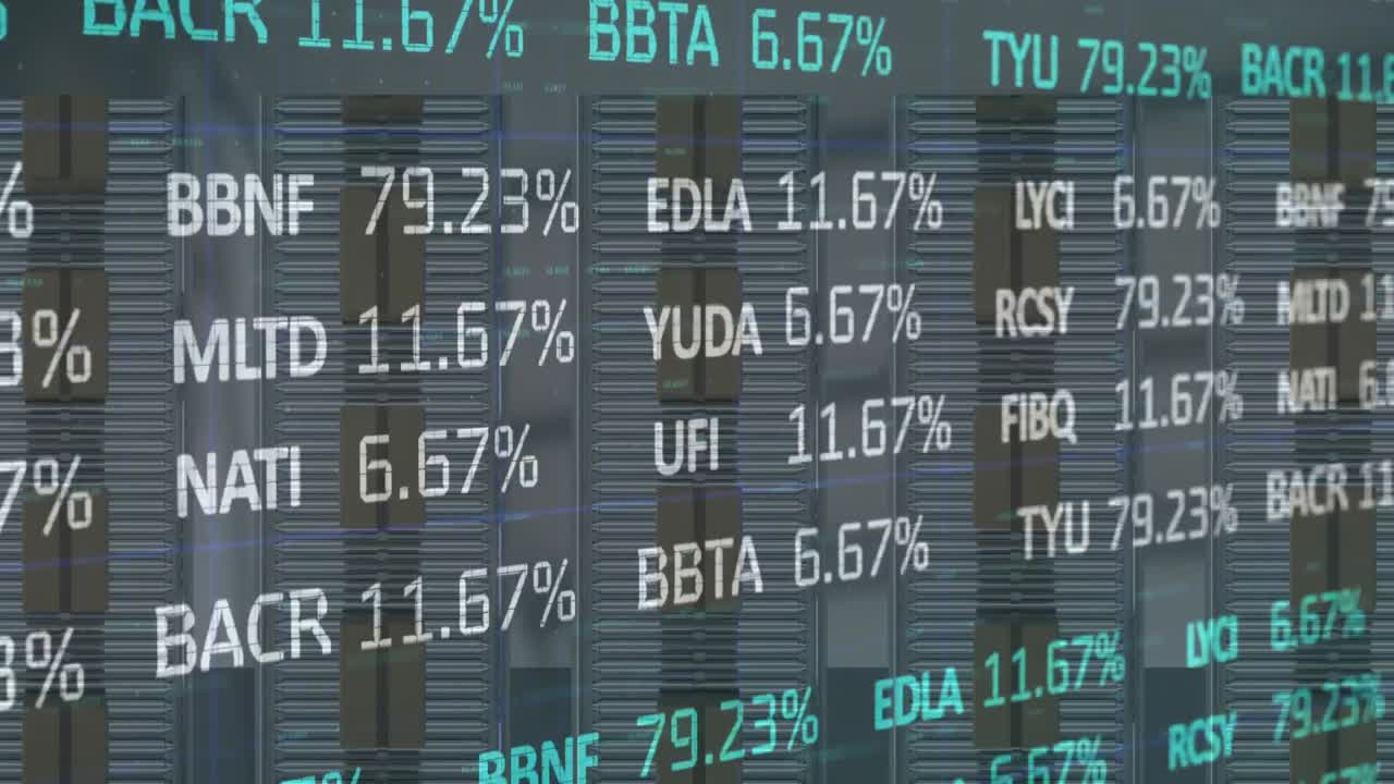 Animazione di elaborazione dati finanziari su scatole di cartone su un nastro trasportatore in un magazzino