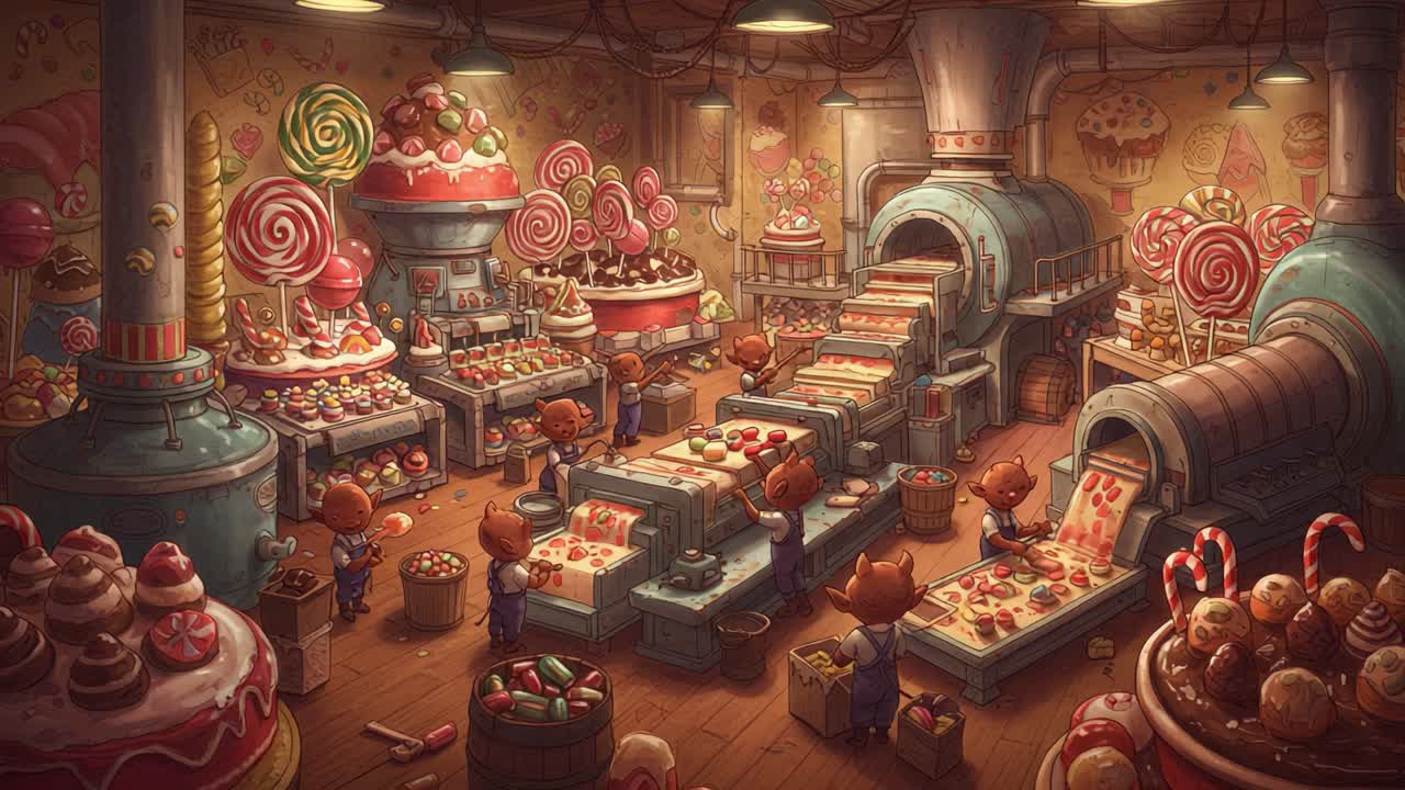 A Vibrant Candy Factory Scene Filled with Colorful Treats and Whimsical Characters, Showcasing the Joy of Confectionery Production and Sweet Delights
