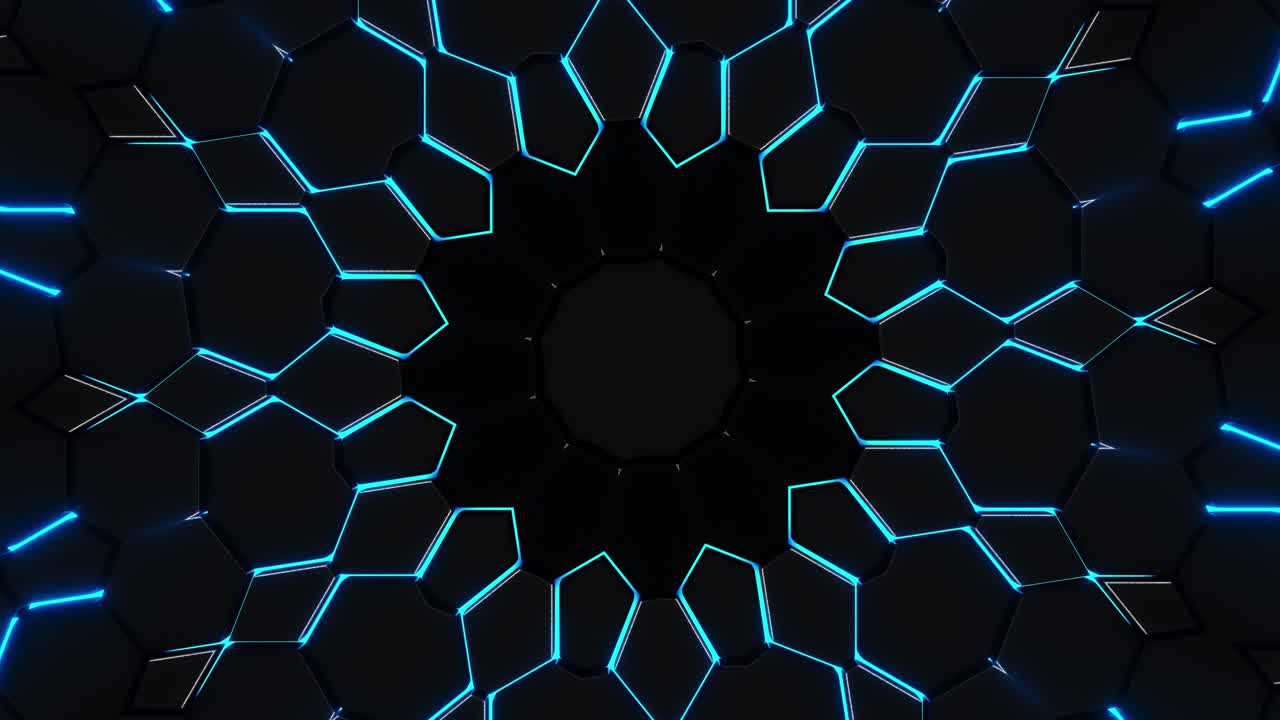 Black background with blue lights and circular hole. Kaleidoscope VJ loop