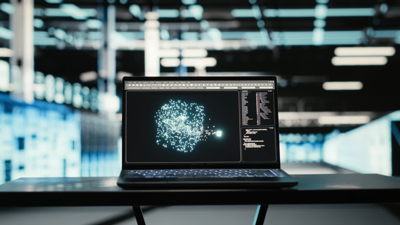 Data Center Ai Llm Assistant On Laptop Supervising Wireframe Mesh Rigs