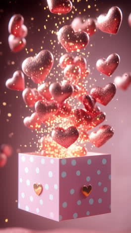 Decorative box releases sparkling hearts. A pink box with polka dots bursts open, releasing shiny red hearts that float above it in a whimsical display.