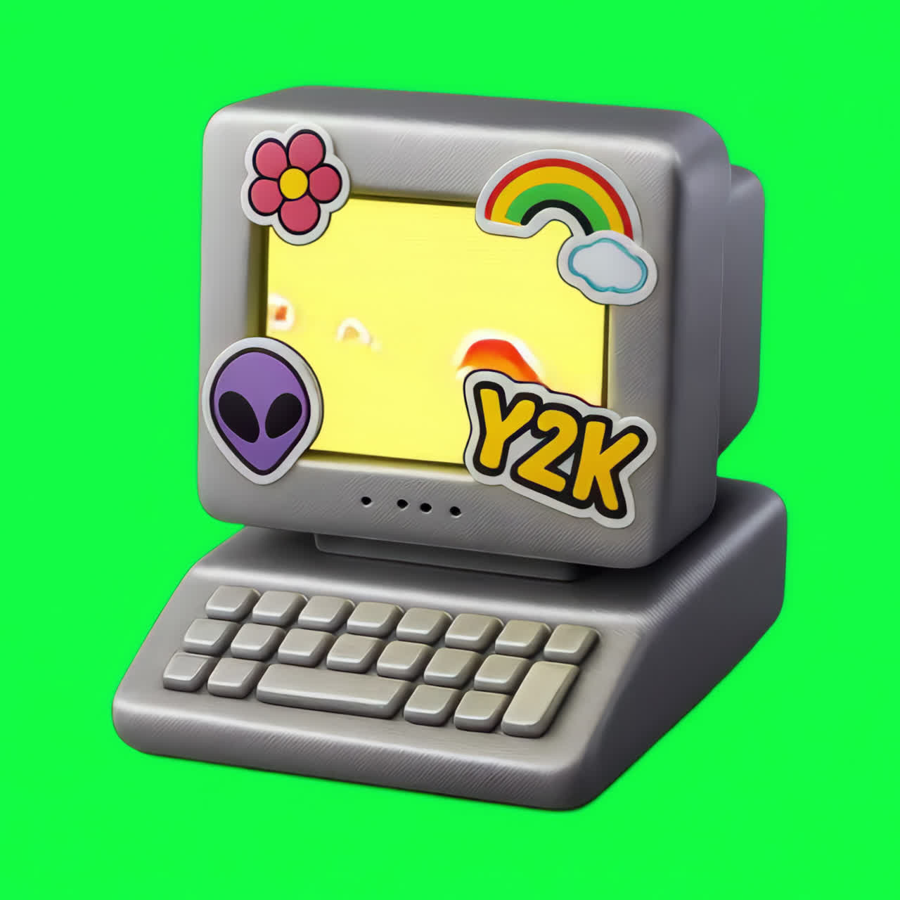 Retro computer med farverige klistermærker, animeret isoleret element, transparent 4K-video, alfakanal