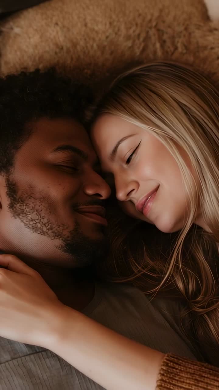 Vertical video: Breathing softly couple cuddling on bed at home woman resting hand brown sweater