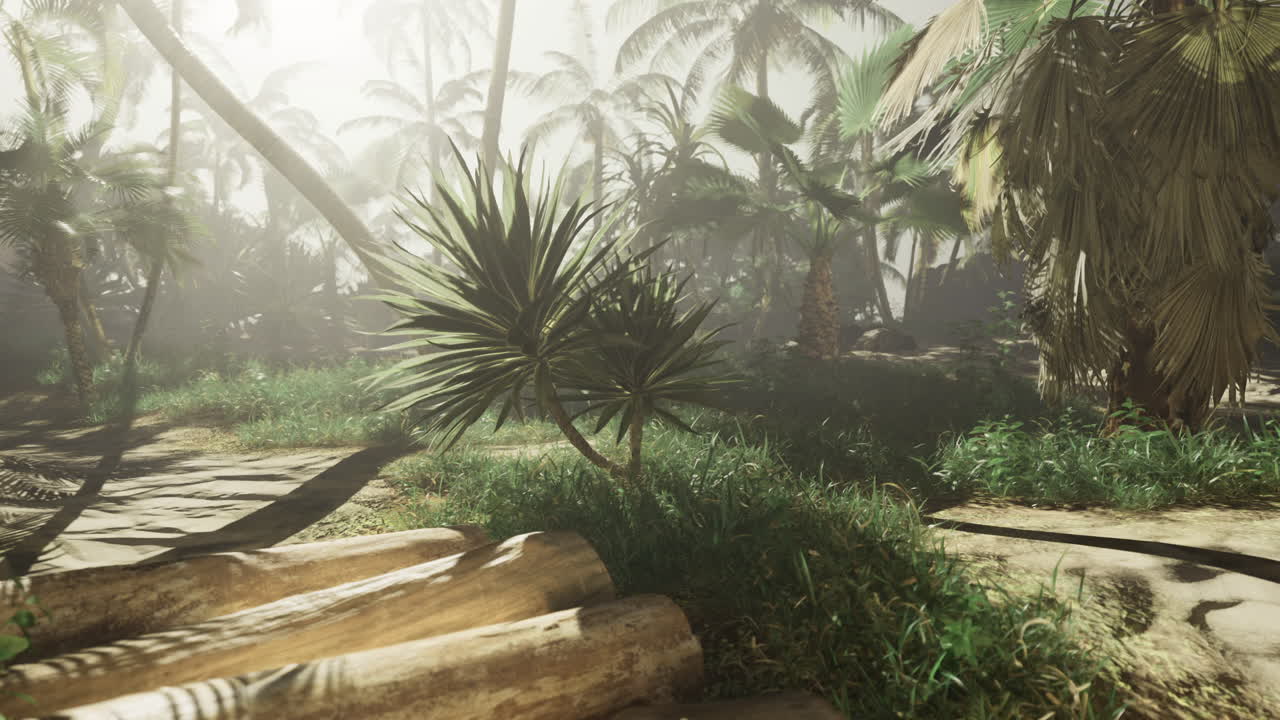 Lush tropical landscape with sunlight filtering through palm trees