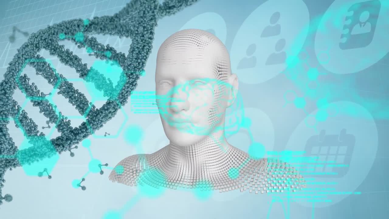 animação de dna e processamento de dados diversos sobre modelo humano em fundo digital azul