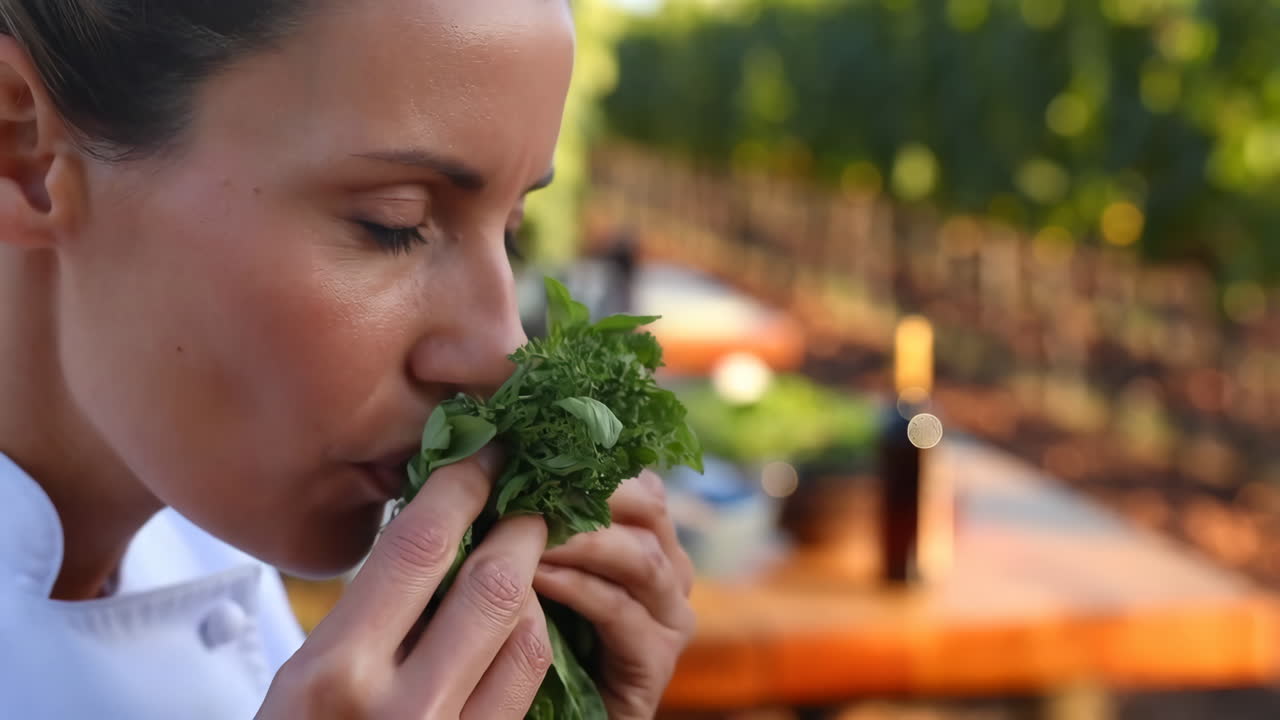 Woman smelling fresh herbs outdoors