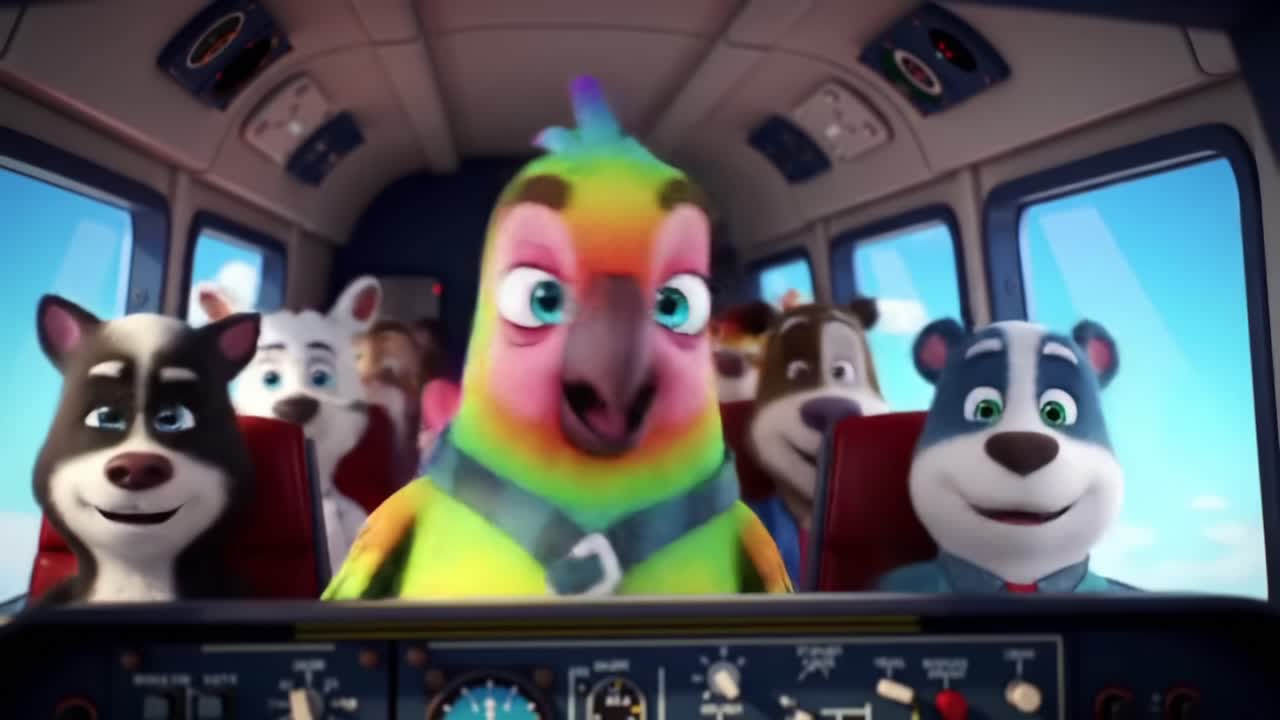 A Colorful Parrot Takes Center Stage in a Whimsical Airplane Cabin Surrounded by Happy Animal Friends, Showcasing Friendship and Adventure in a Fun Journey