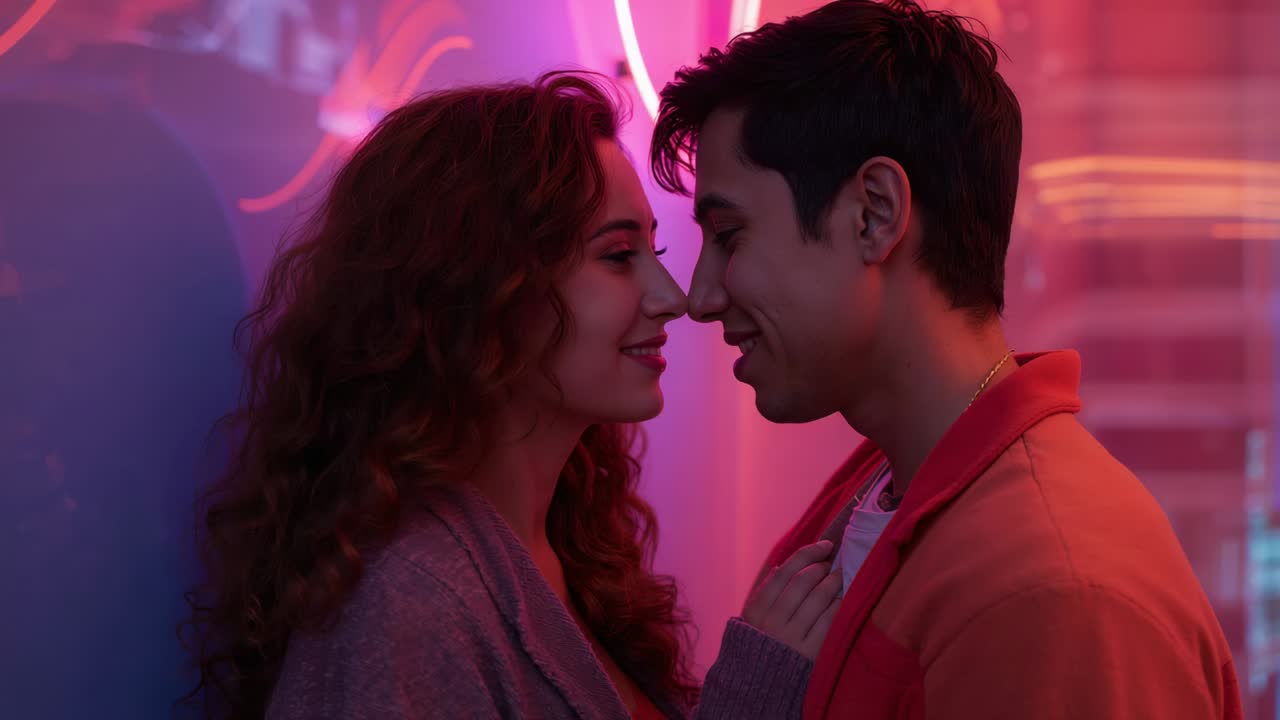 Holding eye contact, couple leaning inward at neon-lit bar, sweater and jacket showing intimacy