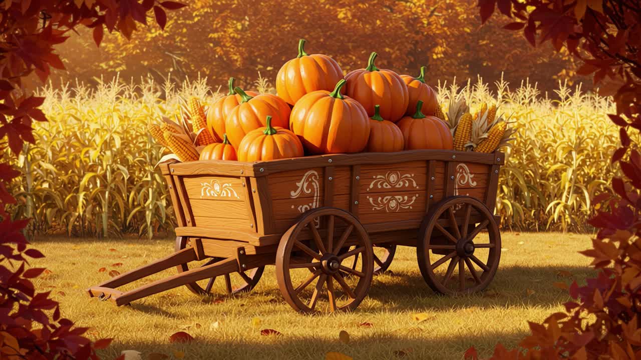 A Scenic Autumn Landscape Featuring a Wooden Cart Overflowing with Vibrant Pumpkins Amidst Lush Cornfields and Autumn Foliage