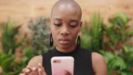 black woman, smartphone and typing for social