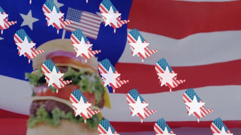 Animation-of-usa-flags-wtih-stars-over-hamburger-on-usa-flag-in-background