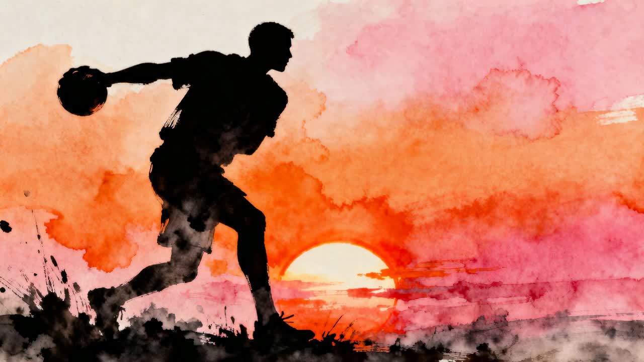 Planting foot, man silhouette in shorts winding up to throw at watercolor sun, holding basketball
