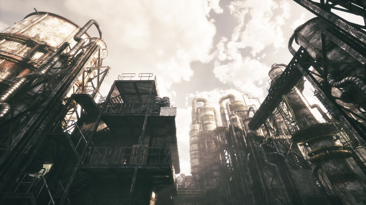 Ruined processing buildings with rust and foggy atmosphere creating dystopia