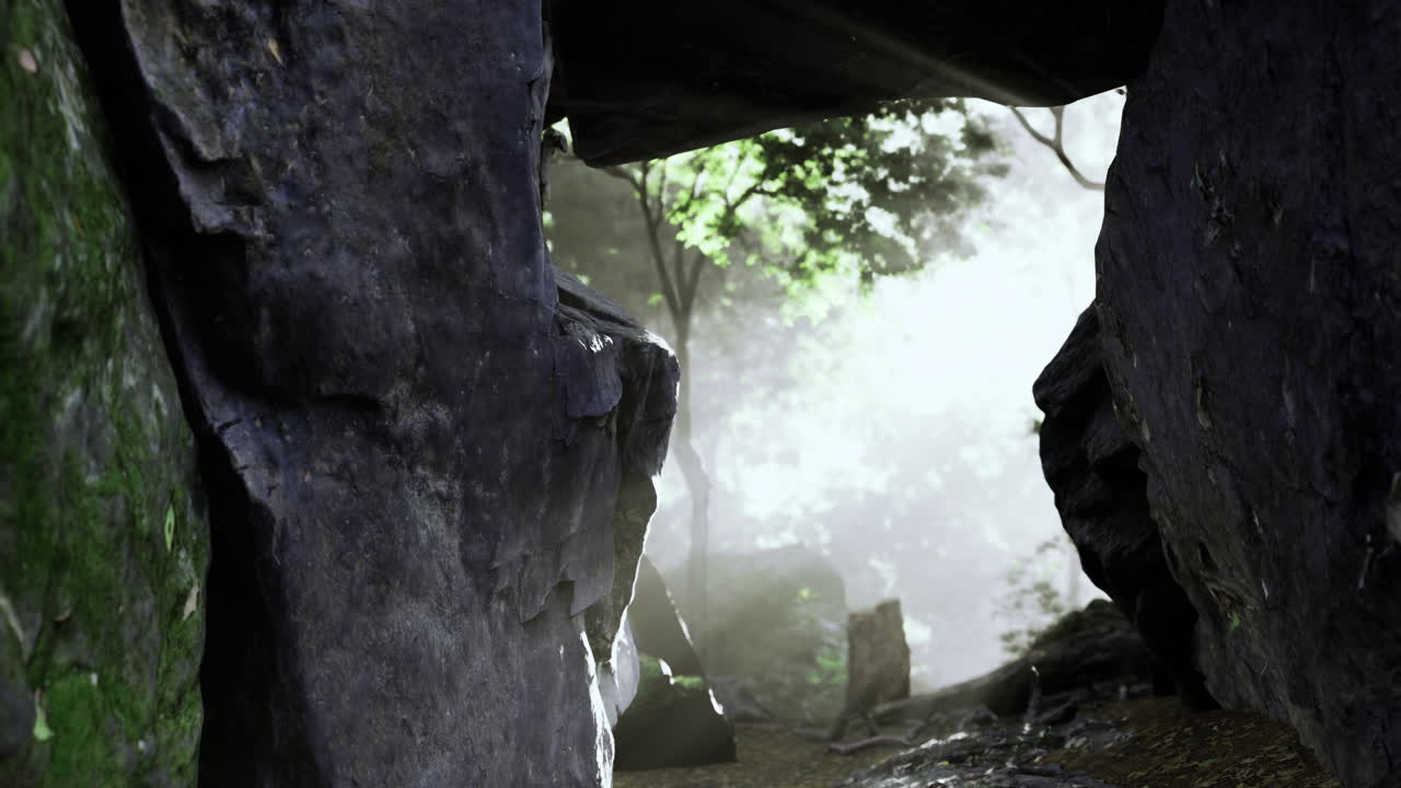 Exploring a misty pathway between large rocks in a serene forest environment