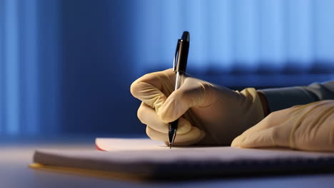 person in gloves writing in a notebook